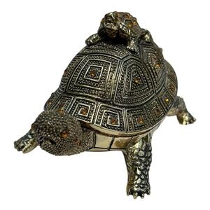 Bombay‎ 3 Piece Turtle Topaz Jeweled Brass Trinket Box Desk Set Vintage Complete